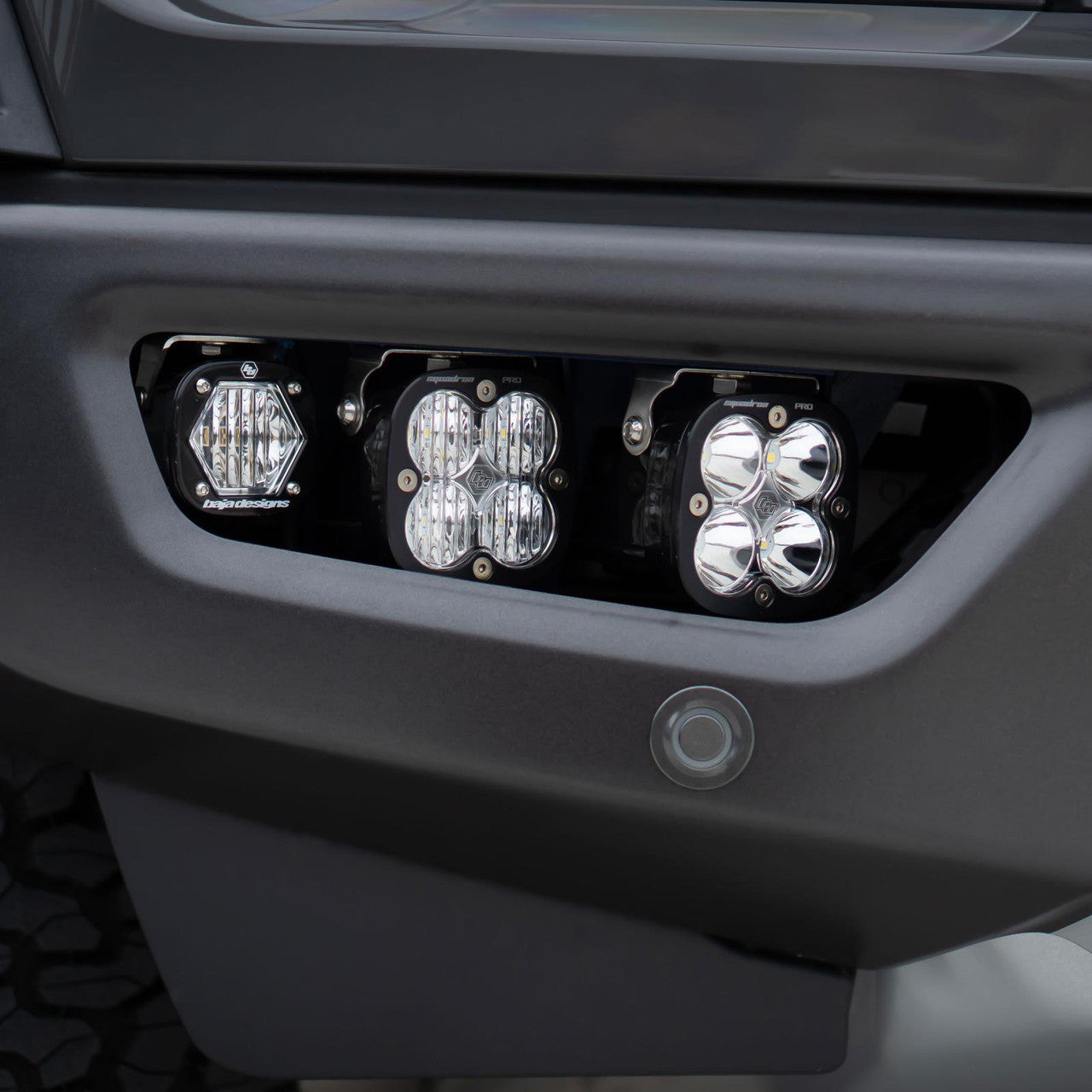 Installed Close Up Baja Designs Ford Squadron Sport/S1 Fog Pocket Light Kit - 2021-22 F-150 Raptor