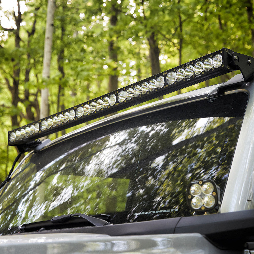 Close Up Installed Baja Designs Ford OnX6+ 50 Inch Roof Mount Light Kit - Ford 2021-23 Bronco