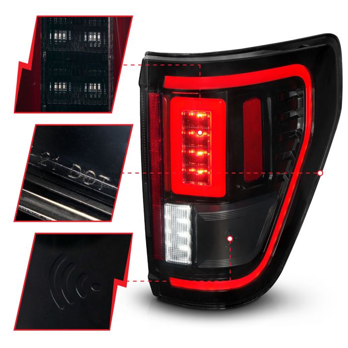 Different Segments of ANZO FORD FULL LED TAIL LIGHTS BLACK SMOKE LENS W/ INITIATION & SEQUENTIAL (FOR HALOGEN MODEL W/O BLIS & LED MODEL W/ BLIS SYSTEM) | F-150 21-23