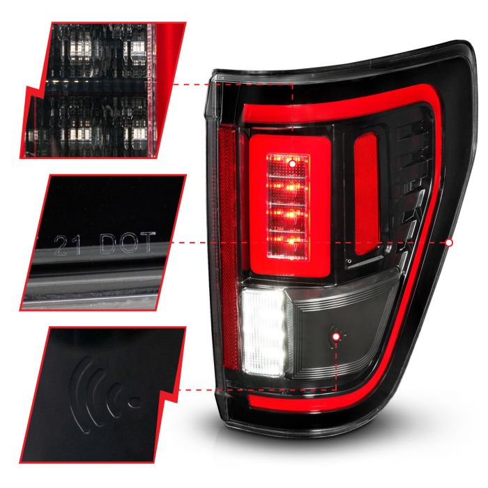 Different Segments of ANZO FORD FULL LED TAIL LIGHTS BLACK CLEAR LENS W/ INITIATION & SEQUENTIAL (FOR HALOGEN MODEL W/O BLIS & LED MODEL W/ BLIS SYSTEM) | F-150 21-23