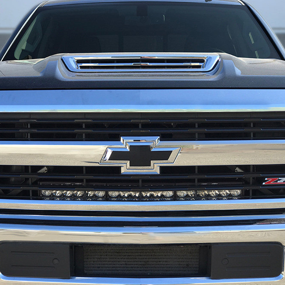 Installed on Car Front View Baja Designs Chevy OnX6+ 30 Inch Grille Light Bar Kit - Chevy 2017 Silverado 2500HD/3500HD