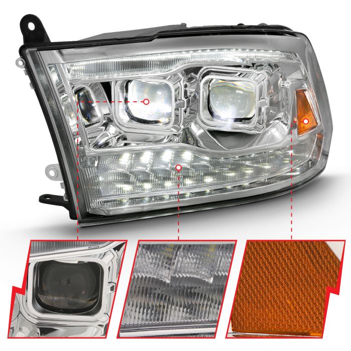 Different Segments of ANZO DUAL LED PROJECTOR SWITCHBACK HEADLIGHTS CHROME (FOR ALL MODELS) | DODGE RAM 1500 09-18 / RAM 2500/3500 10-18