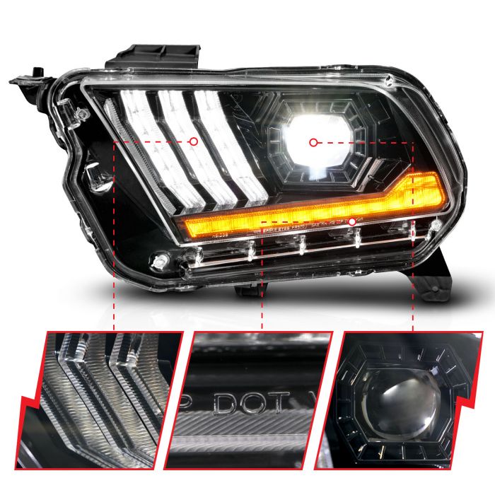 Different Aspects of ANZO FORD FULL LED PROJECTOR LIGHT BAR STYLE HEADLIGHTS BLACK W/ SEQUENTIAL SIGNAL | MUSTANG 10-12 HID MODEL / 10-14 HALOGEN MODEL