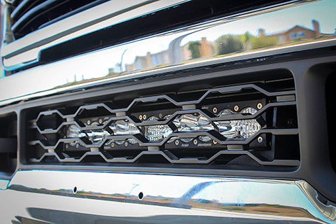 Installed on car close view Baja Designs Dodge/Ram OnX6+ 20 Inch Grille Lower Light Bar Kit - Ram 2019-22 2500/3500