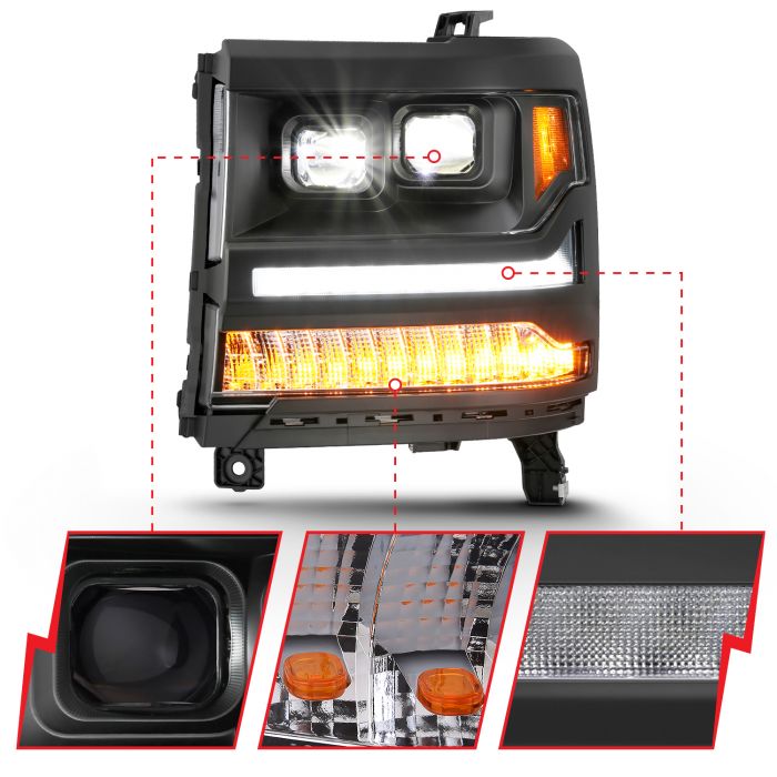 Different Segments of ANZO FULL LED PROJECTOR PLANK HEADLIGHTS BLACK (FOR HID MODELS ONLY) | CHEVY SILVERADO 1500 16-18