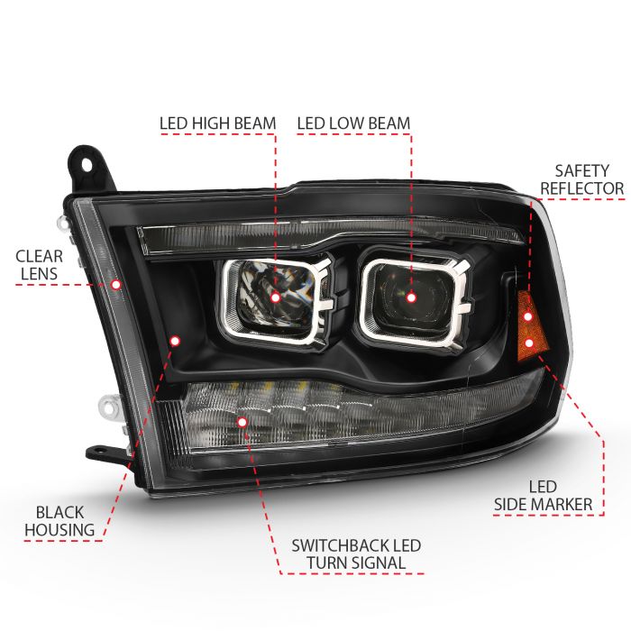 Different Features of ANZO DUAL LED PROJECTOR SWITCHBACK HEADLIGHTS BLACK (FOR ALL MODELS) | DODGE RAM 1500 09-18 / RAM 2500/3500 10-18