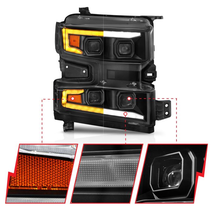 Different Segments of ANZO CHEVY FULL LED PROJECTOR PLANK STYLE HEADLIGHTS SEQUENTIAL SIGNAL BLACK W/ INITIATION FEATURE (RIGHT SIDE ONLY) (FOR HALOGEN MODELS ONLY) | SILVERADO 1500 19-21