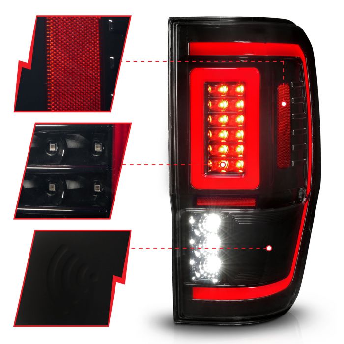 Different Segments of ANZO FORD FULL LED TAIL LIGHTS BLACK SMOKE LENS W/ SEQUENTIAL SIGNAL (FOR ALL MODELS) | RANGER 19-23