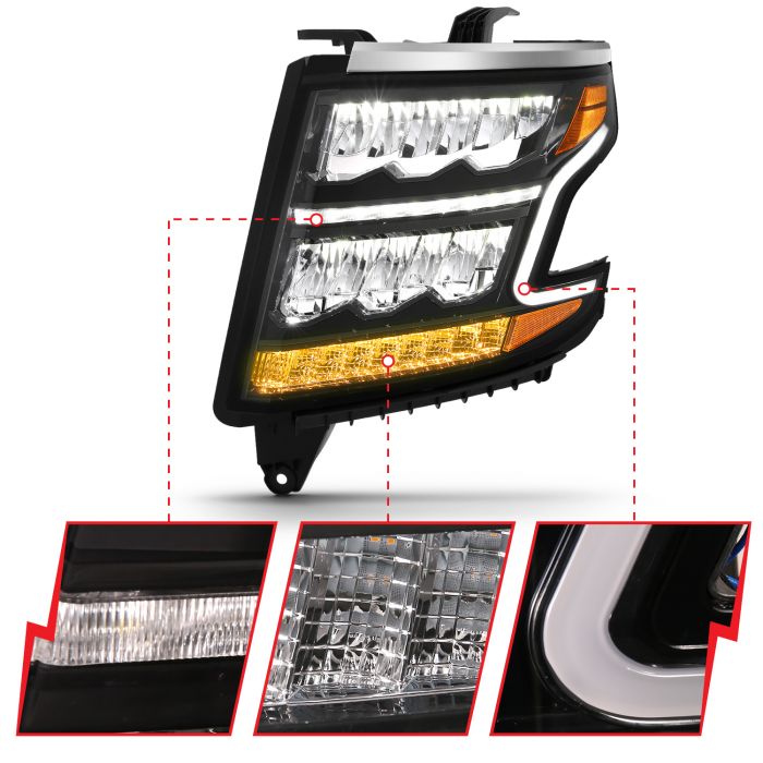 Different Segments of ANZO LED CRYSTAL PLANK STYLE HEADLIGHTS BLACK W/ SEQUENTIAL SIGNAL | CHEVY TAHOE/SUBURBAN 15-20