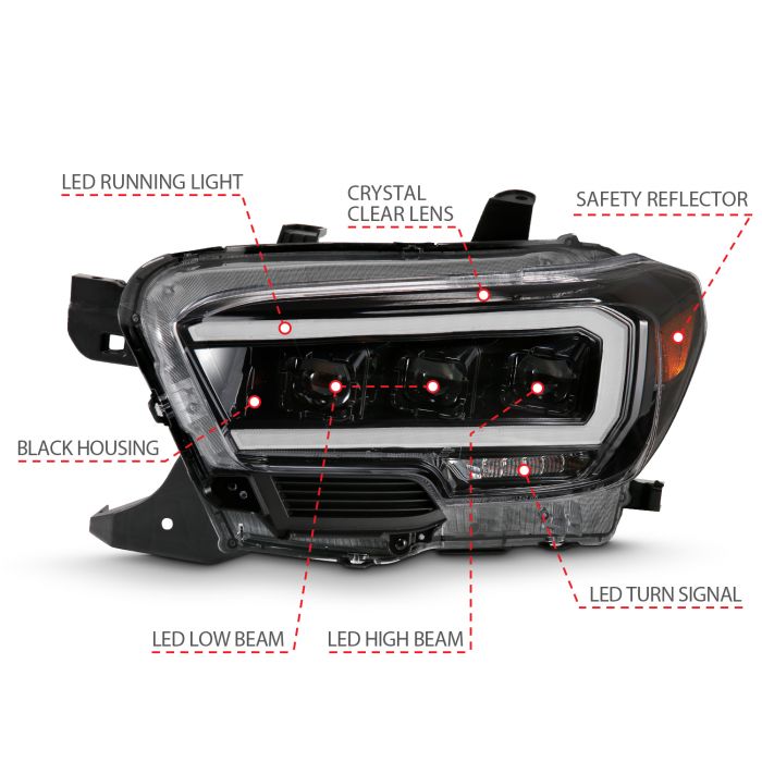 Different Parts of ANZO FULL LED PROJECTOR HEADLIGHTS BLACK (FOR HALOGEN VERSION W/ HALOGEN DRL) | TOYOTA TACOMA 16-23