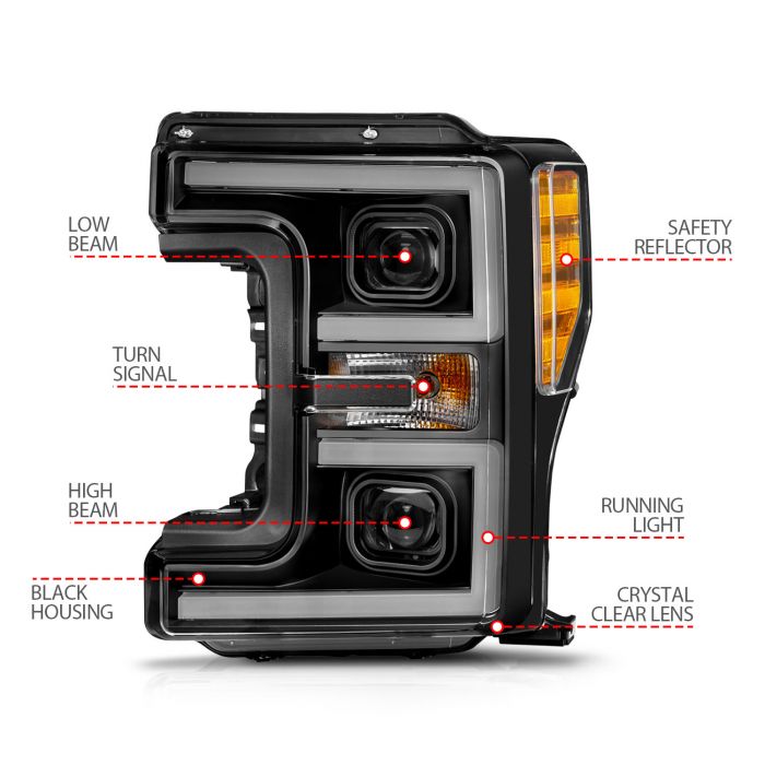 Different Features of ANZO FORD FULL LED PROJECTOR SWITCHBACK PLANK HEADLIGHTS BLACK (FOR FACTORY HALOGEN MODELS ONLY) | F-250/F-350/F-450 SUPER DUTY 17-19