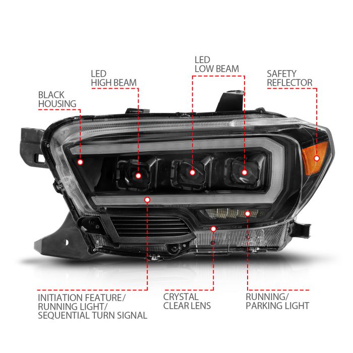 Different Features of ANZO TOYOTA FULL LED PROJECTOR HEADLIGHTS BLACK W/ INITIATION & SEQUENTIAL (FOR HALOGEN VERSION WITH LED DRL) | TACOMA 16-23
