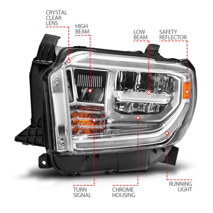 DIfferent Features of ANZO LED CRYSTAL HEADLIGHTS SWITCHBACK PLANK STYLE CHROME (LED HIGH/LOW BEAM) (FOR OEM HALOGEN MODEL W/ LED DRL) | TOYOTA TUNDRA 14-21