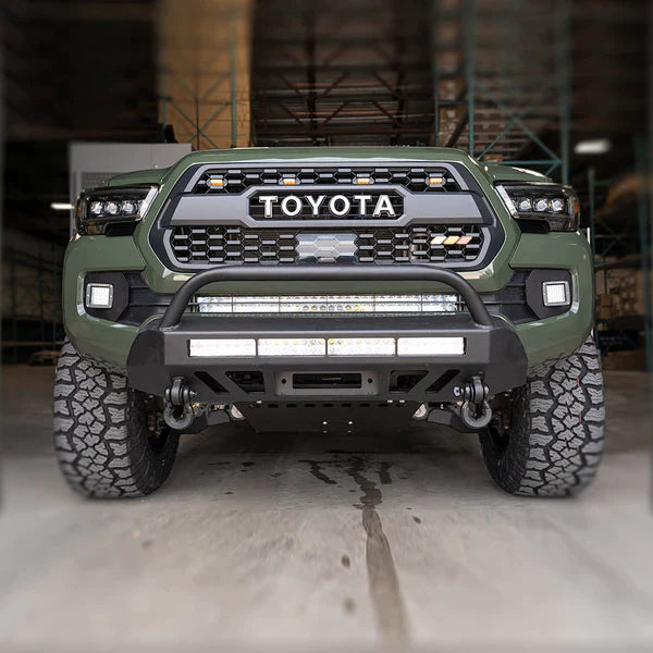 Installed on Car Front View CALI RAISED TOYOTA STEALTH BUMPER | 2016-2023 TACOMA (with Relocation Mounts Only)