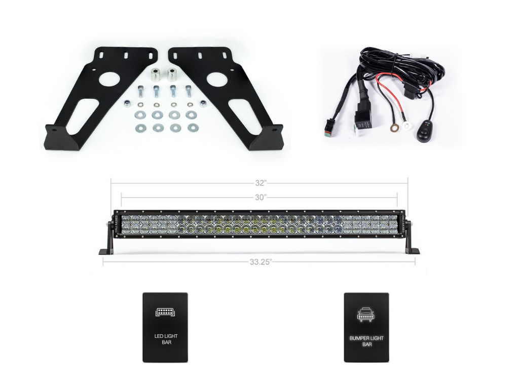 All components of Cali Raised 32" Hidden Grille LED Light Bar Brackets Kit | 2014-2023 Toyota 4Runner