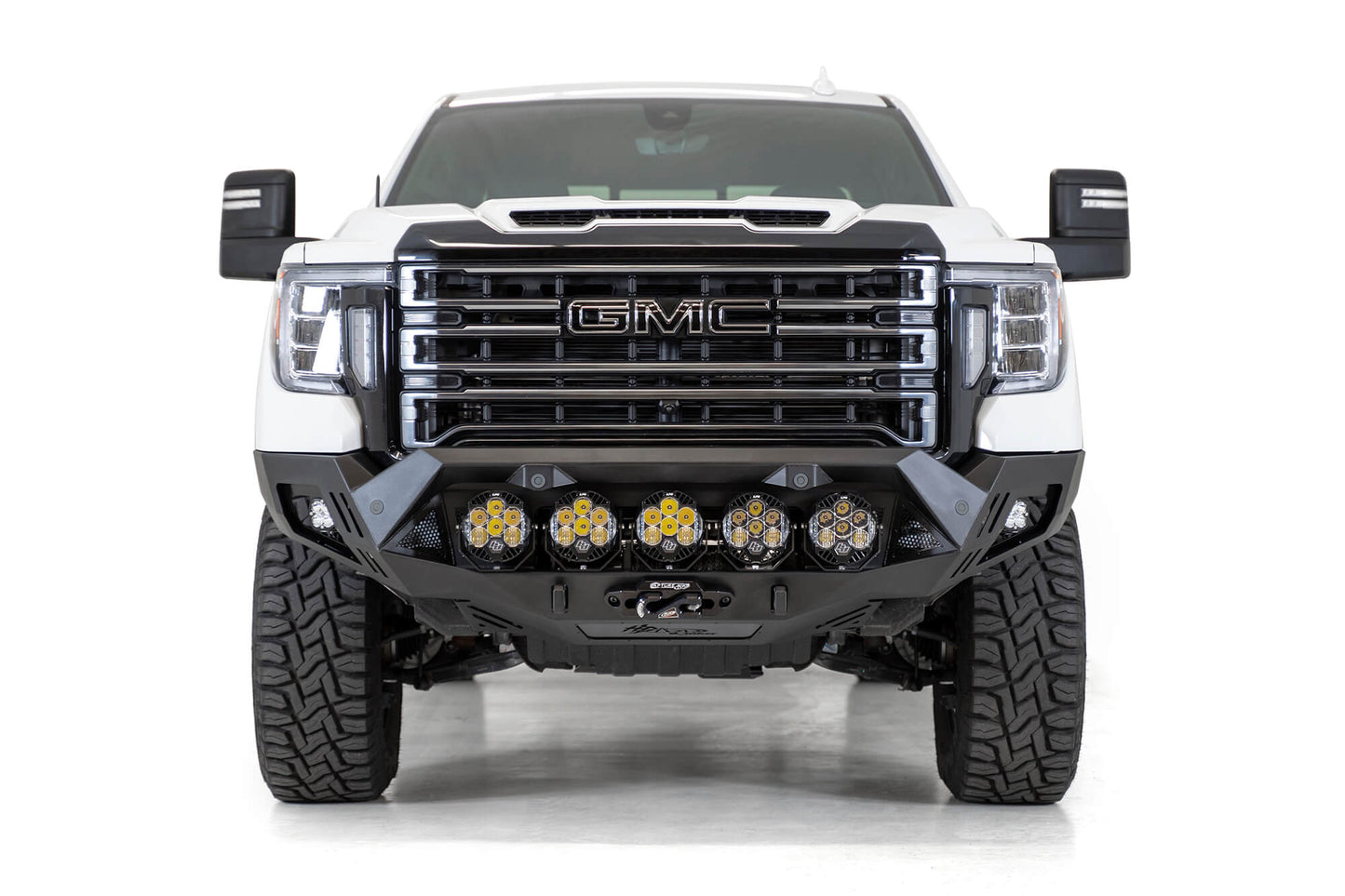 Installed on Car with Amber Round Lights front View ADD GMC Bomber HD Front Bumper | 2020-2023 Sierra 2500/3500