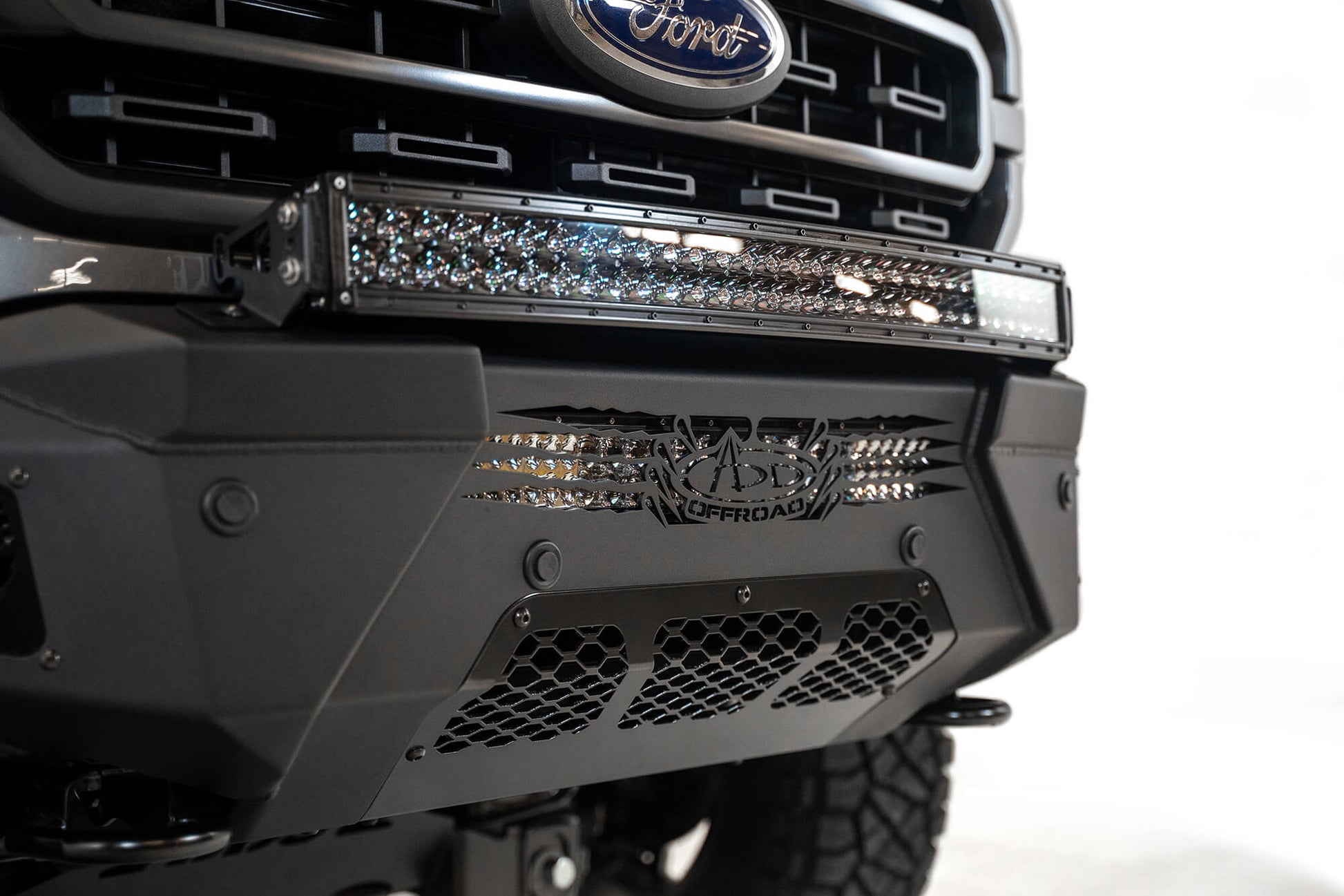 Installed On Car Close Front View ADD HoneyBadger Front Bumper | 2021-2023 Ford F-150