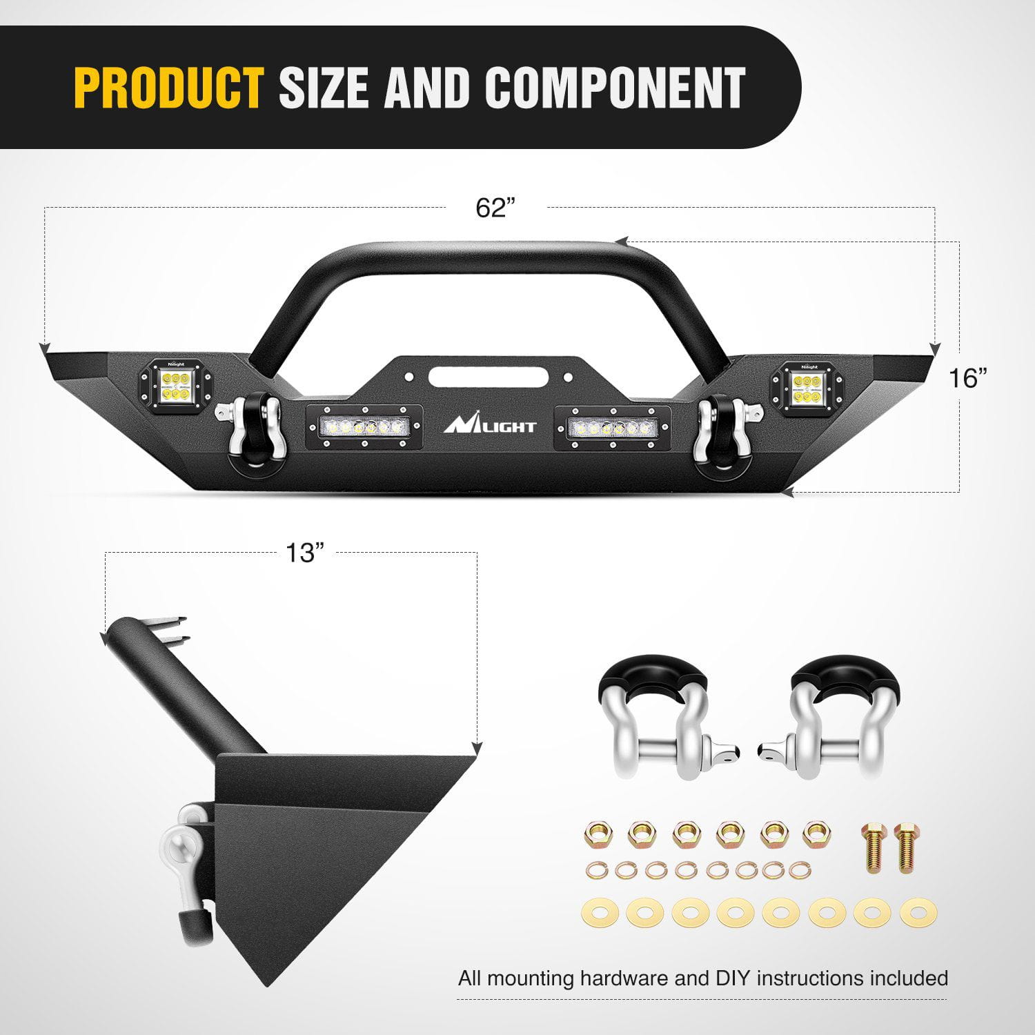 Product Size and Component of Nilight Front Bumper Kit A For 2007-2018 Jeep Wrangler JK