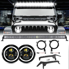 Auxbeam 50" 5D Series Straight LED Light Bar + 7" LED Headlight with Halo Ring & 7" Headlight Adapter 9" Bracket + 50" Straight Light Bar Windshield Mounting Brackets