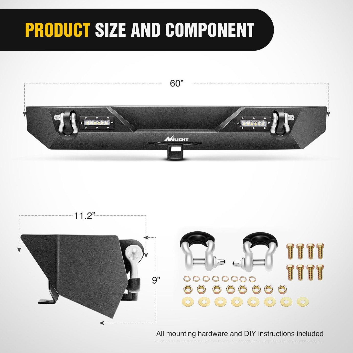 Product Size and Component of Nilight Rear Bumper Kit for 1987-2006 Jeep Wrangler TJ & YJ