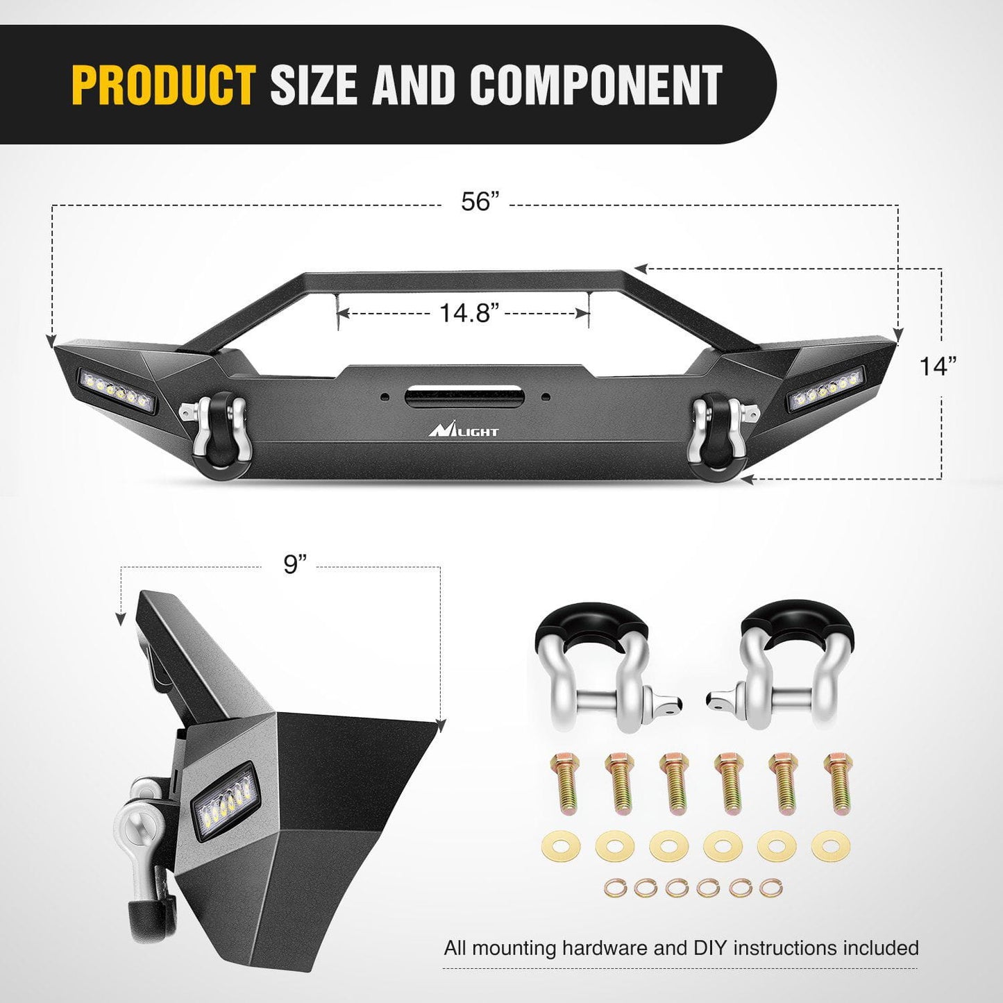 Product Size and Component of Nilight Front Bumper Kit For 1987-2006 Jeep Wrangler TJ YJ