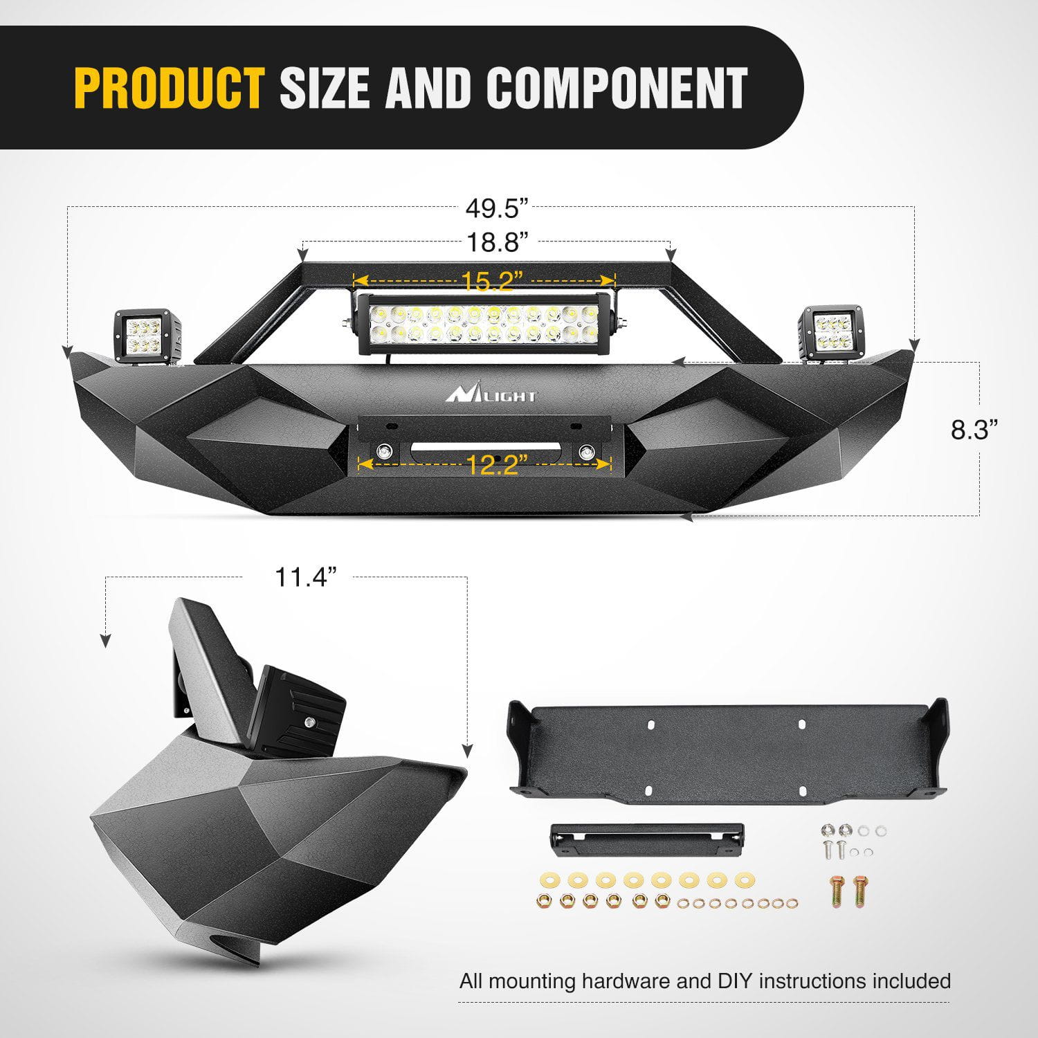 Product Size and Component of Nilight Front Bumper Kit For 2018-2023 Jeep Wrangler JL