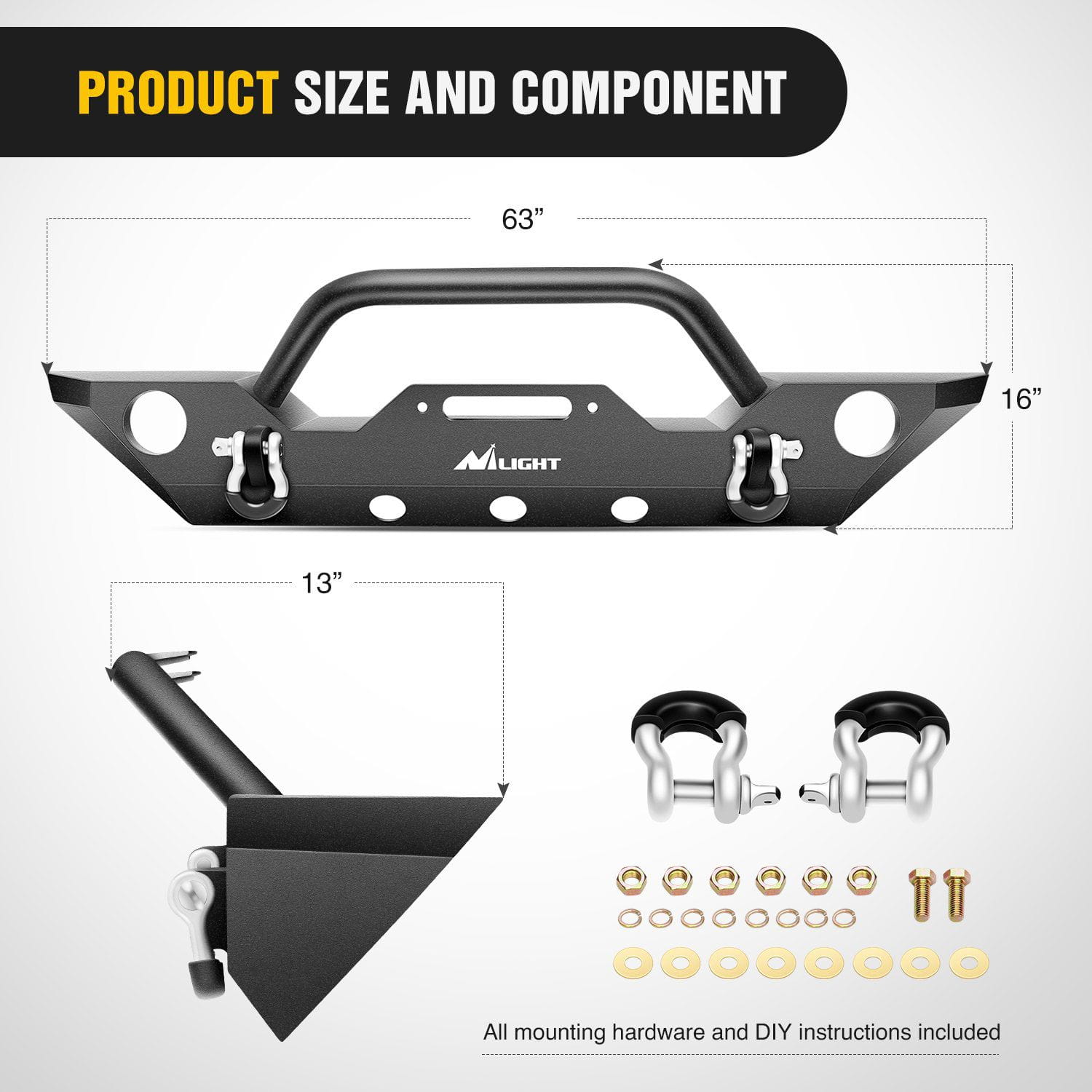 Product Size and Component of Nilight Front Bumper Kit B For 2007-2018 Jeep Wrangler JK