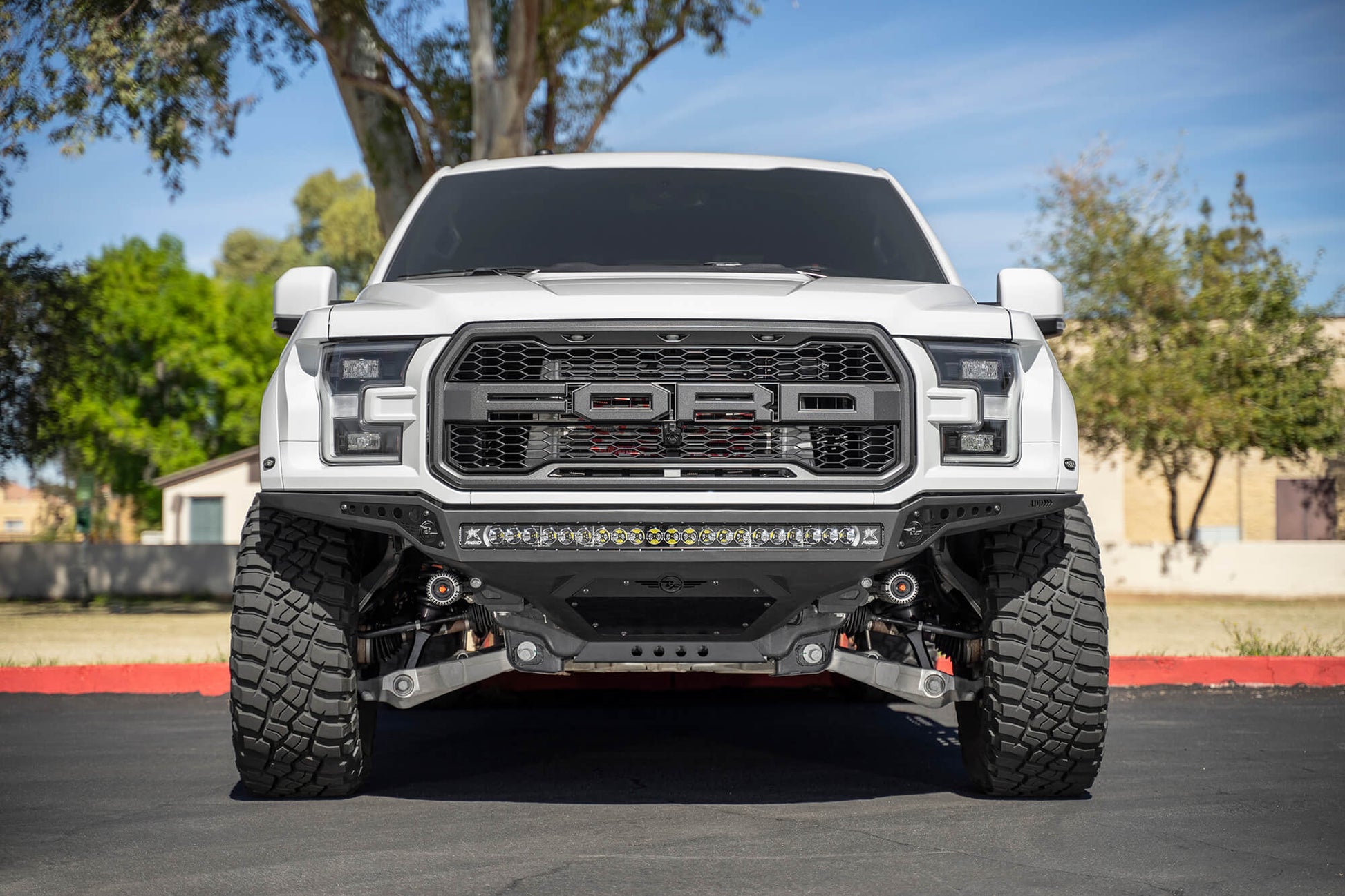 Installed on Car Front View ADD Rock Fighter Frame Cut Front Bumper | 2017-2020 Ford Raptor | Heritage