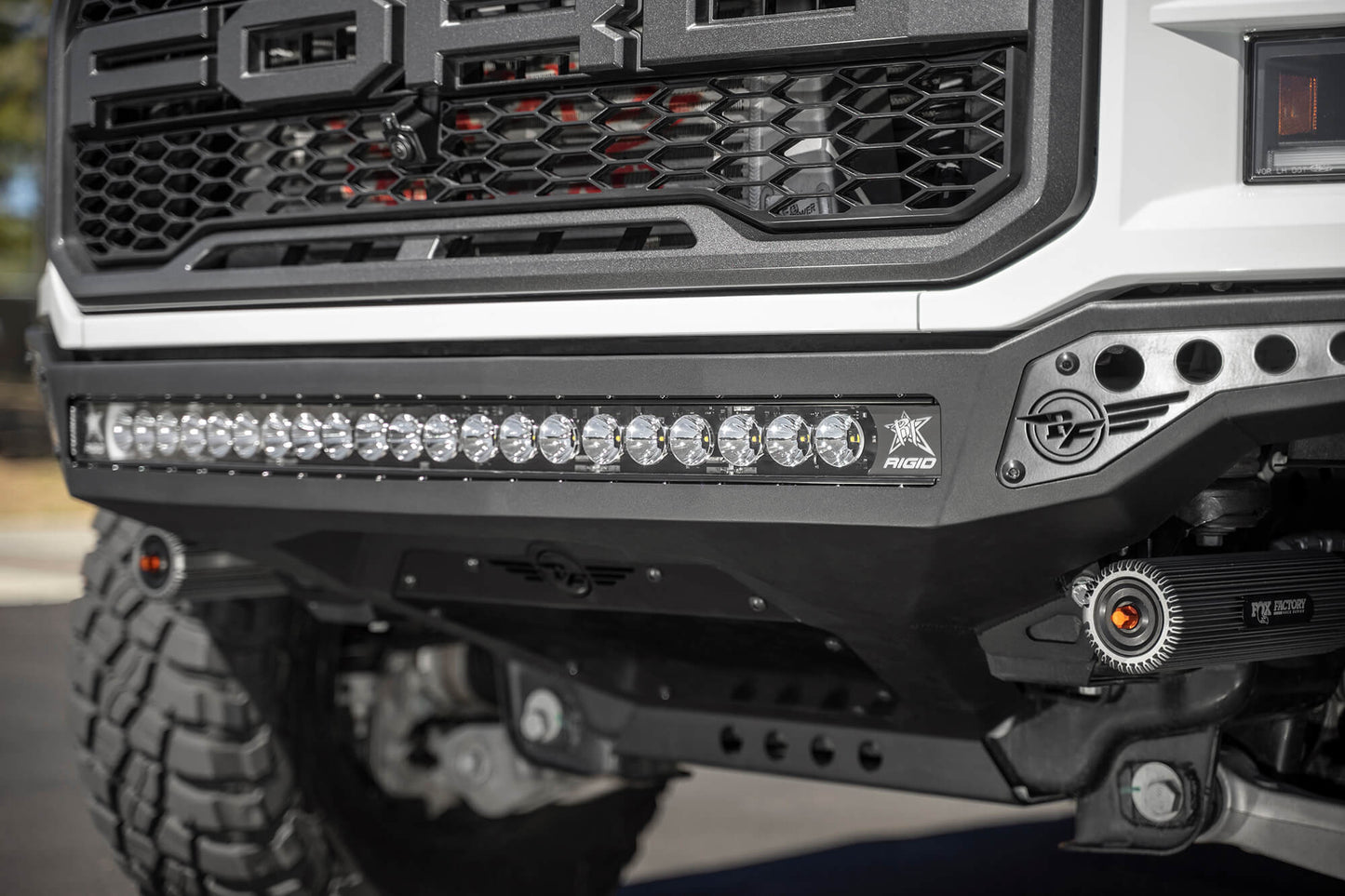 Installed on Car with Light Bar Close View ADD Rock Fighter Frame Cut Front Bumper | 2017-2020 Ford Raptor | Heritage