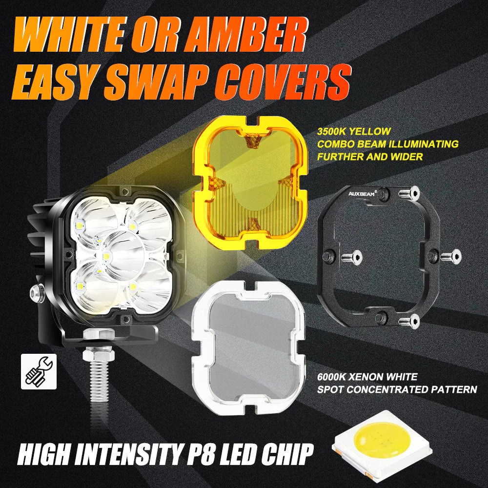 Auxbeam 3 Inch LED Pods Lights with Additional Amber Covers & Fog Lamp Mounting Brackets (Vertical Fog Lamp) for Dodge Ram 1500 2013-2018