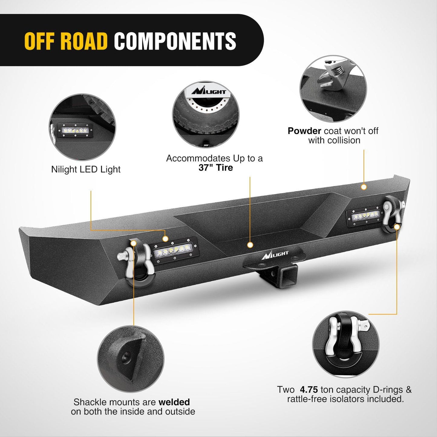 Off Road Components of Nilight Rear Bumper Kit for 1987-2006 Jeep Wrangler TJ & YJ