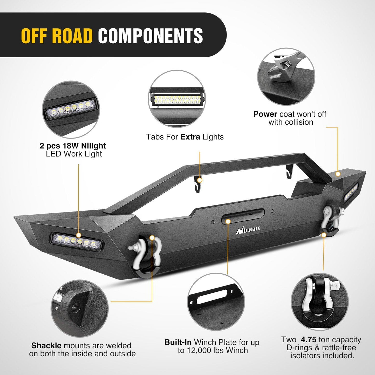 Off Road Components of Nilight Front Bumper Kit For 1987-2006 Jeep Wrangler TJ YJ