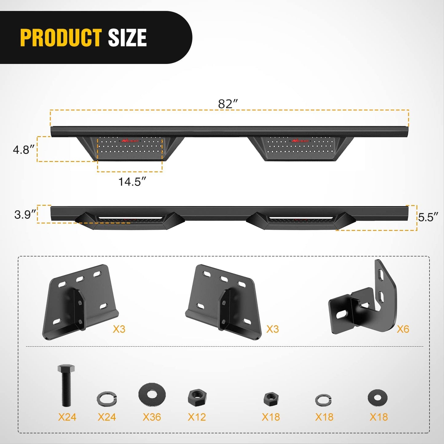 Product Size of Nilight Running Boards For 2019-2022 Dodge Ram 1500 (Pair)
