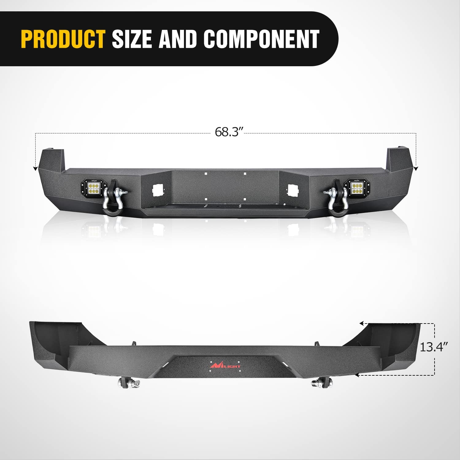 Product Size and Component of Nilight Rear Step Bumper For 2005-2015 Toyota Tacoma