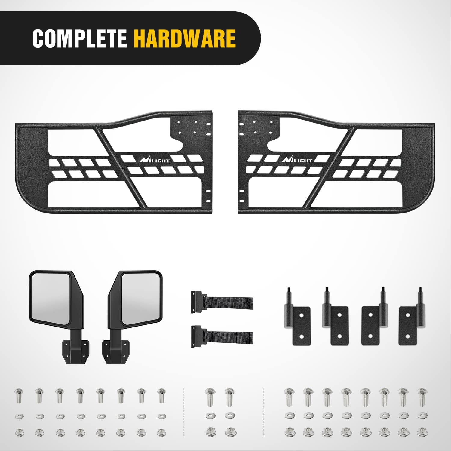 Complete Hardware Set for Nilight Front Tubular Doors with Side View Mirrors | 2018-2023 Jeep Wrangler JL | 2020-2023 Gladiator JT 2 Door