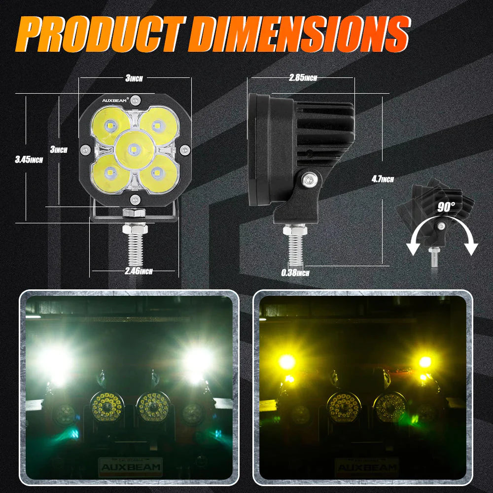Auxbeam 3 Inch LED Pods Lights with Additional Amber Covers & Dual Fog lights Hidden Bumper Mount Bracket for Dodge Ram 2500 3500 2010-2017
