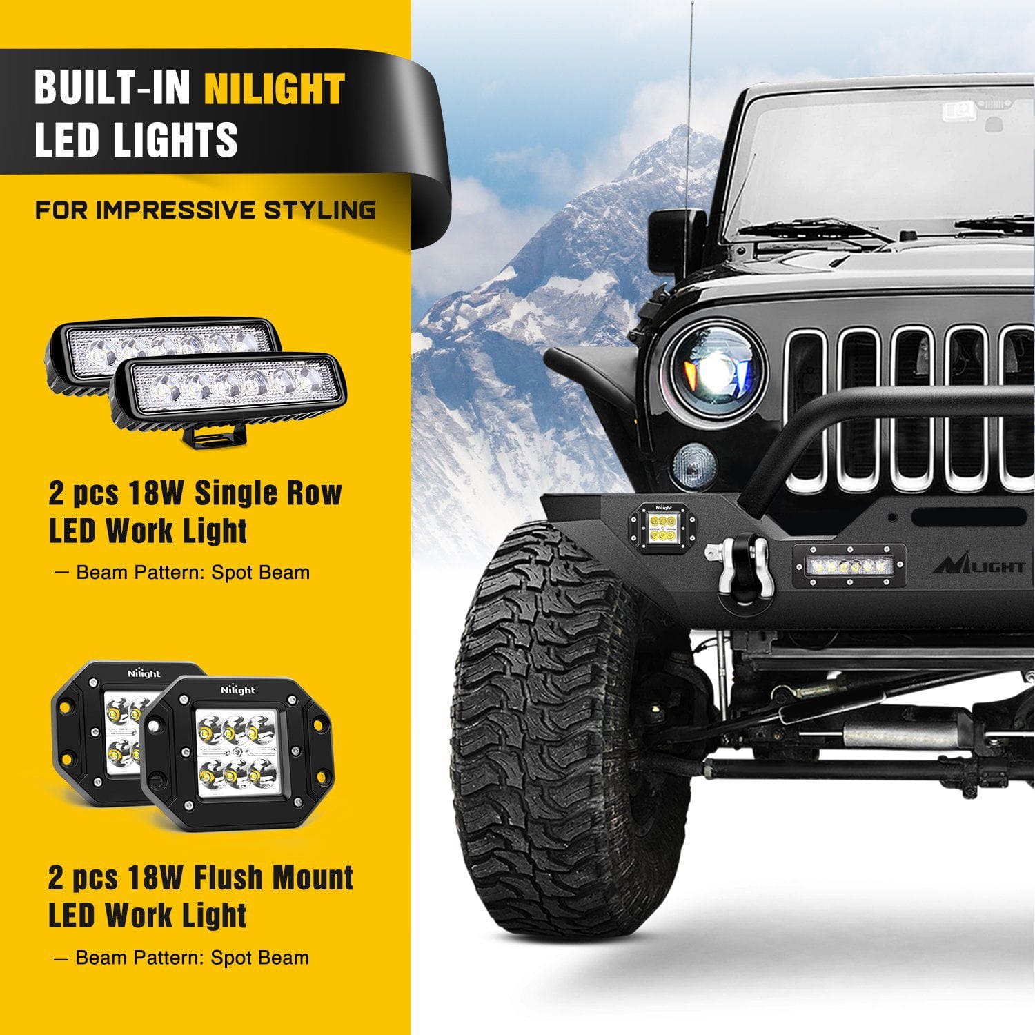 Built-in Lights of Nilight Front Bumper Kit A For 2007-2018 Jeep Wrangler JK