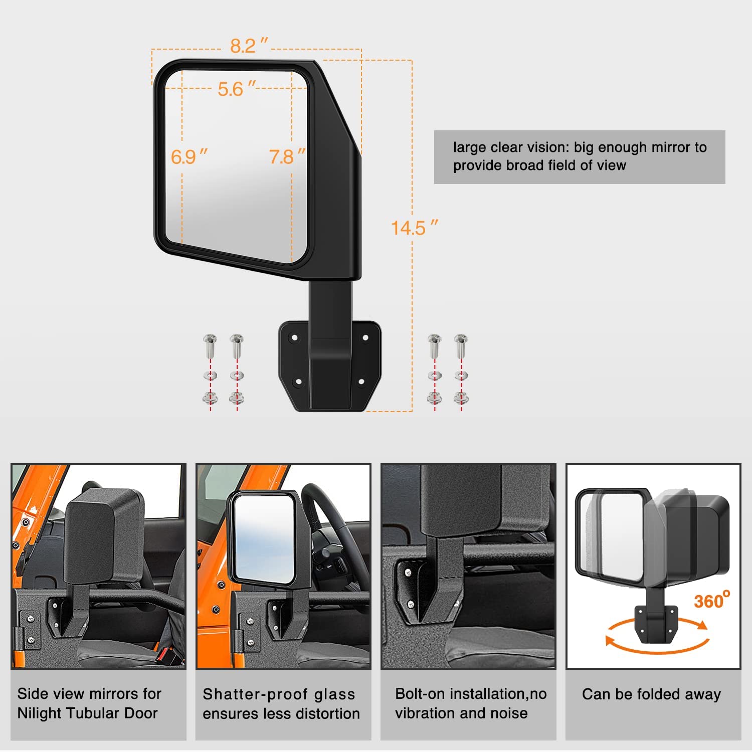 Mirror Specifications and Features Nilight Front Rear Tubular Doors with Side View Mirrors For 2018-2023 Wrangler JL | 2020-2023 Gladiator JT 2 Door