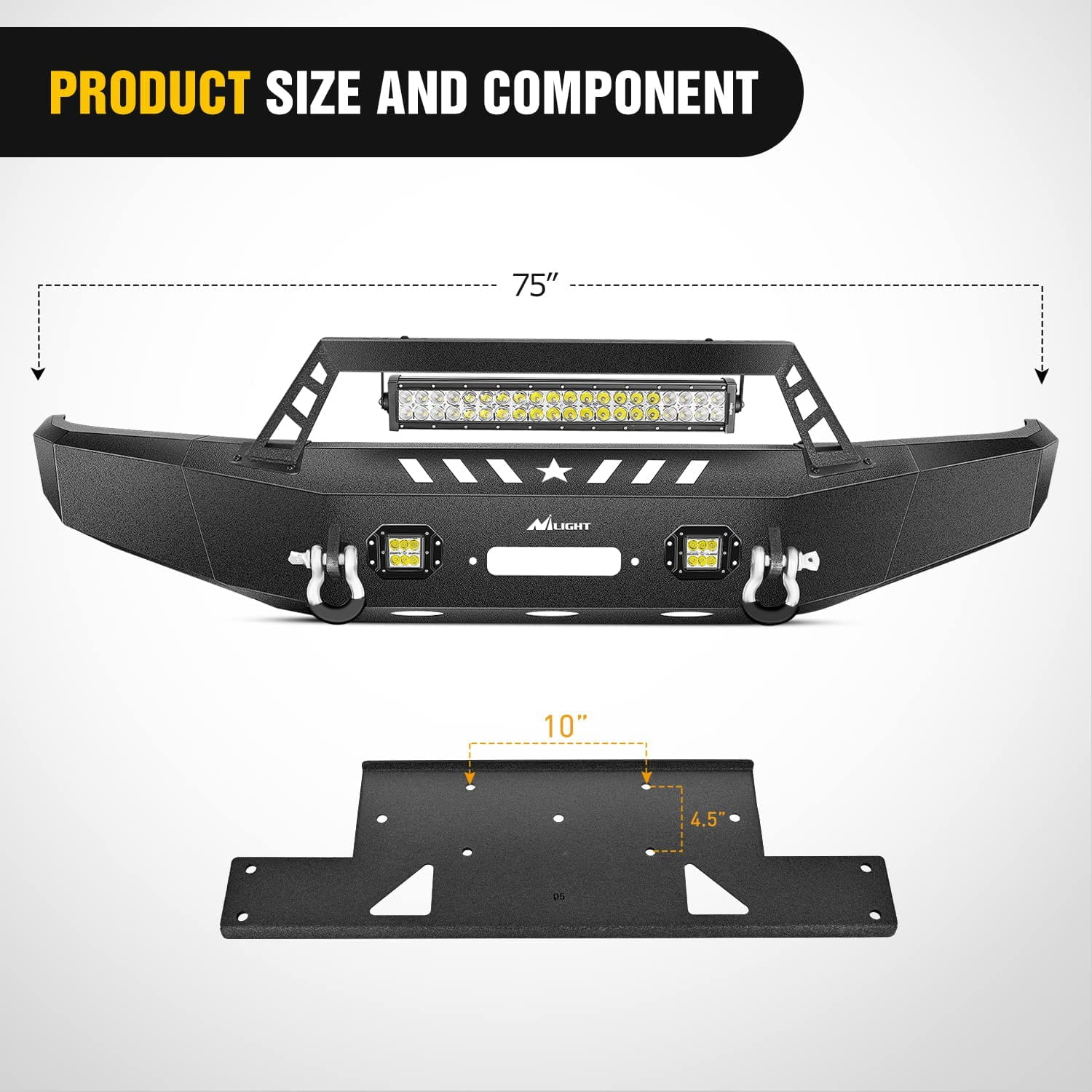 Product Size and Component of Nilight Front Bumper Full Width Solid Steel For 2009-14 Ford F-150
