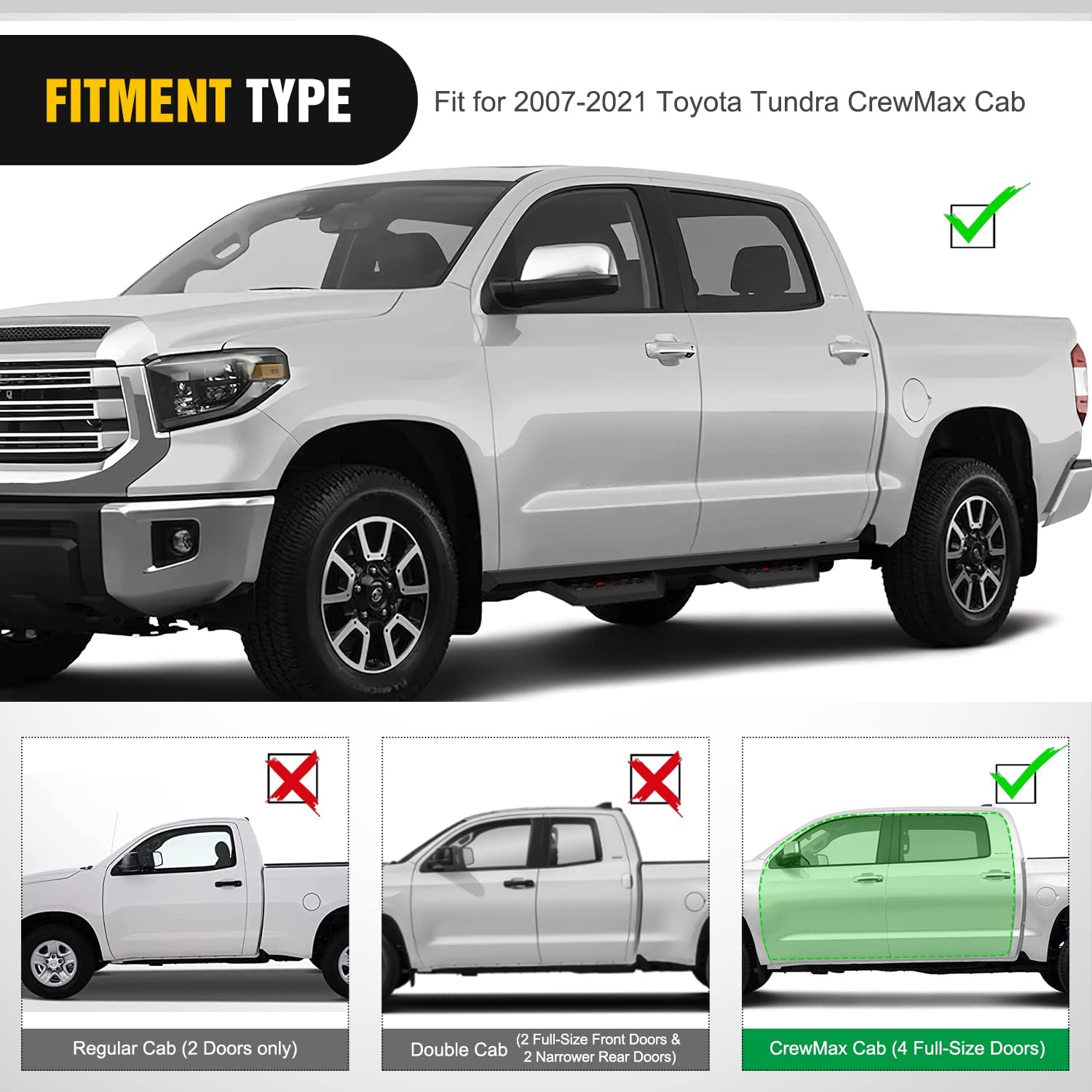 Fitment Type of Nilight Running Boards For 2007-2021 Toyota Tundra CrewMax Cab