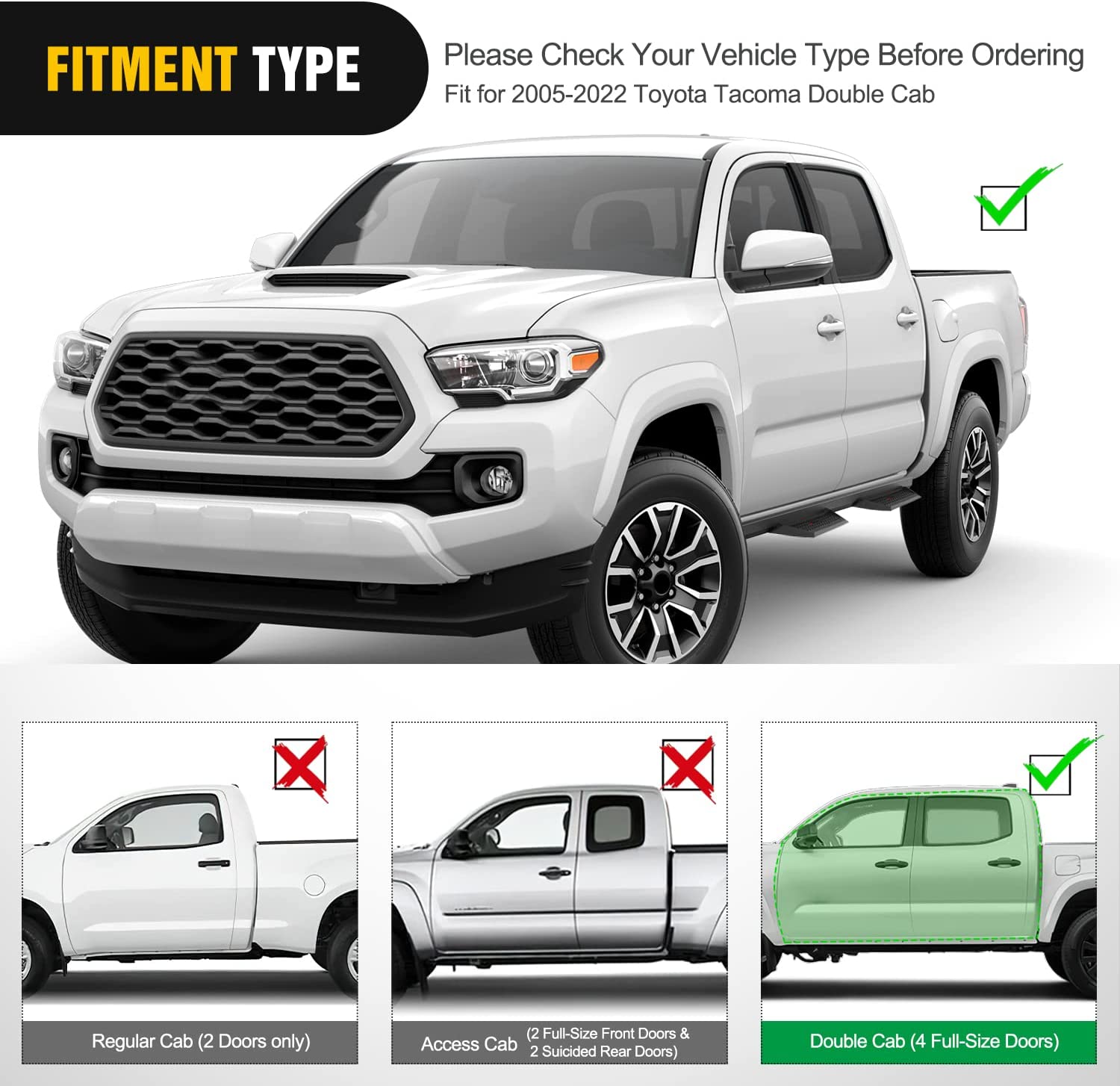 Fitment Type of Nilight Running Boards For 2005-2022 Toyota Tacoma Double Cab