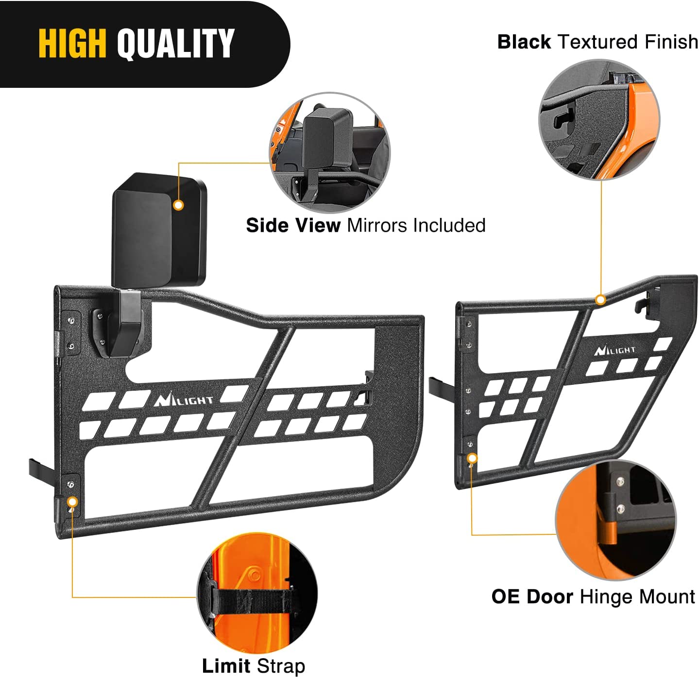 Different Features of Nilight Front Rear Tubular Doors with Side View Mirrors For 2018-2023 Wrangler JL | 2020-2023 Gladiator JT 2 Door