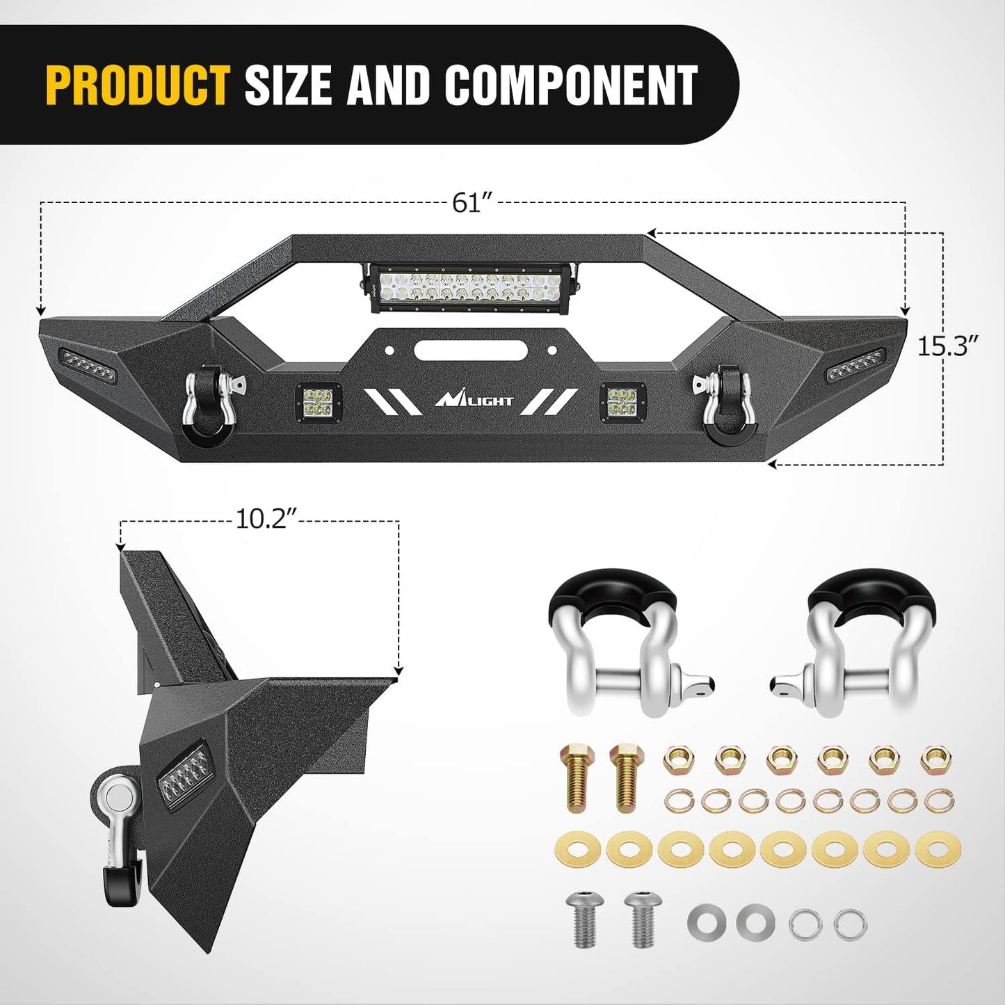 Product Size and Component of Nilight Front Bumper Kit For 2007-2018 Wrangler JK/JKU | 2018-2022 JL/JLU | 2020-2022 Gladiator JT