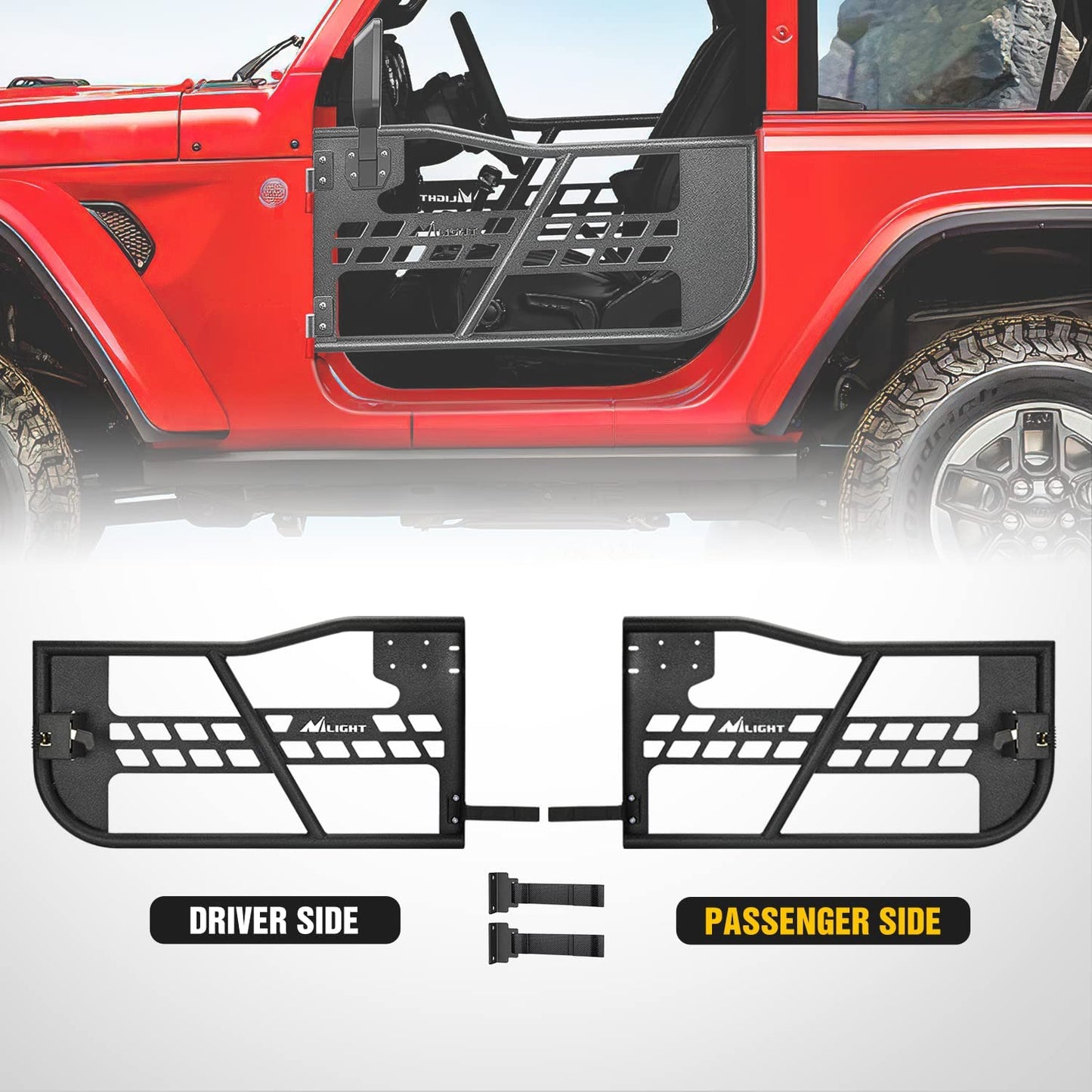 Two Sides of Nilight Front Tubular Doors with Side View Mirrors | 2018-2023 Jeep Wrangler JL | 2020-2023 Gladiator JT 2 Door