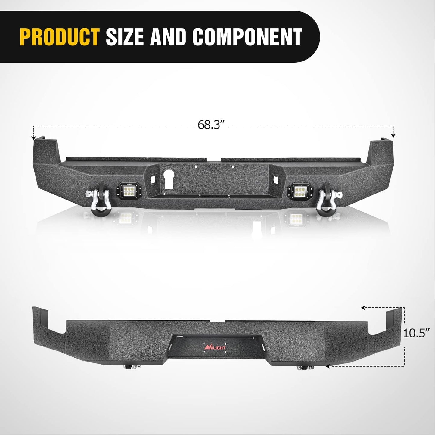 Product Size and Component of Nilight Rear Step Bumper | 2016-2023 Toyota Tacoma