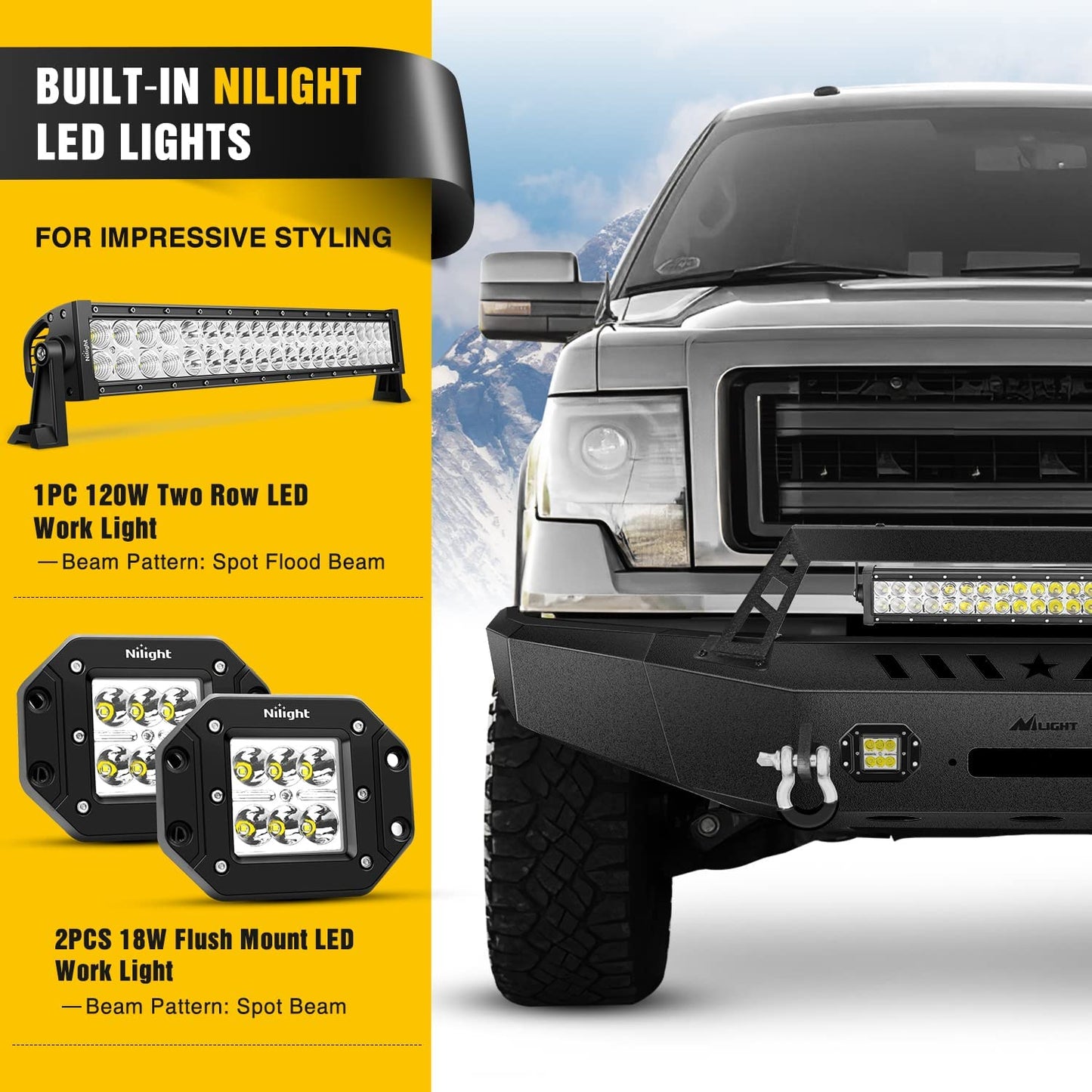 Built in LED lights of Nilight Front Bumper Full Width Solid Steel For 2009-14 Ford F-150