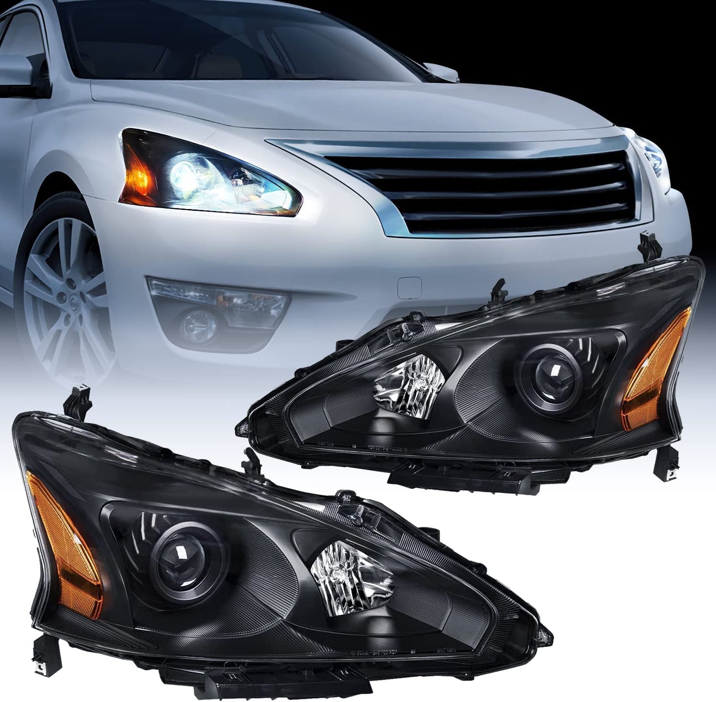 Nilight Headlight Assembly Black Case Amber Reflector For 2013-2015 Nissan Altima 4 Door Sedan (Pair)