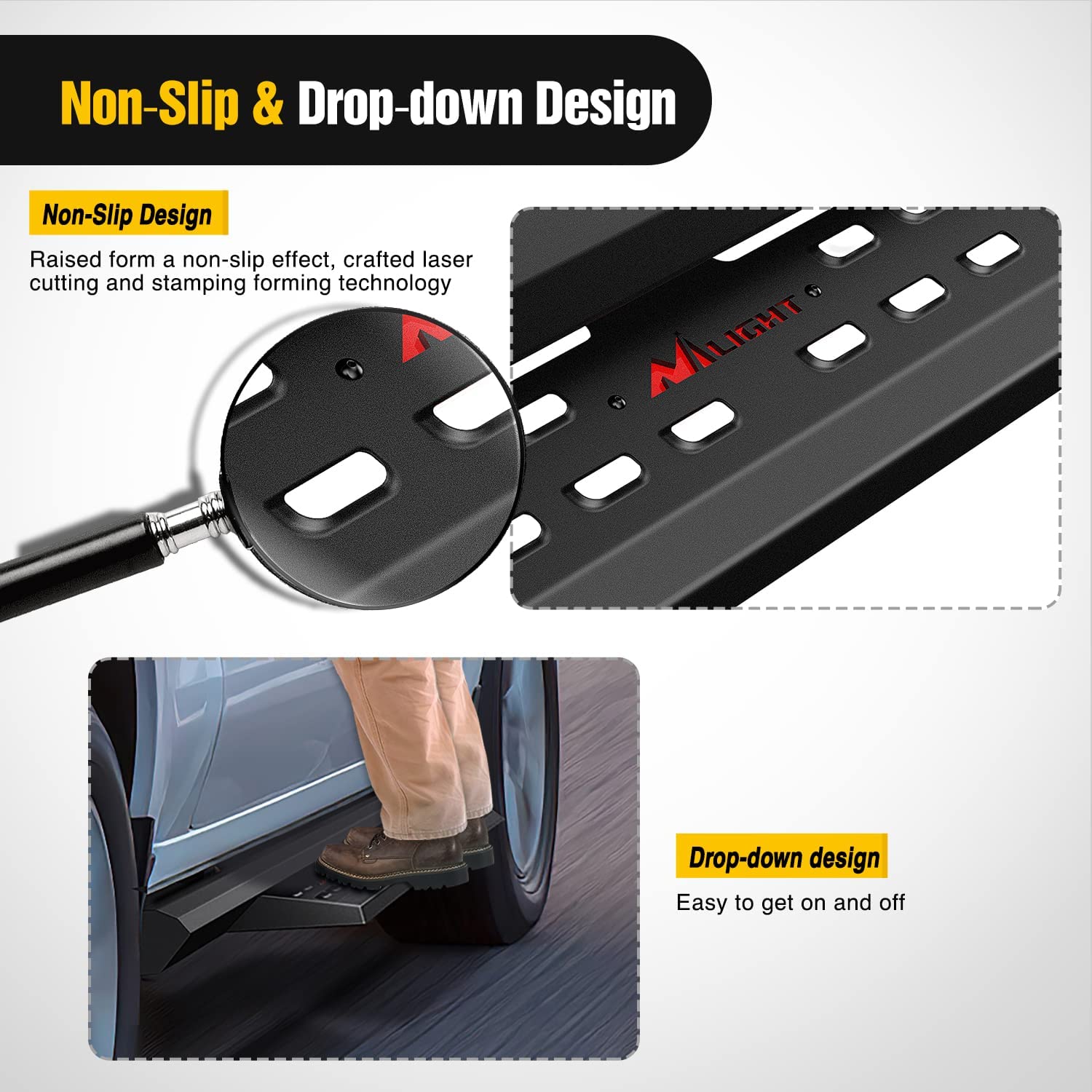 Non-Slip and Drop-Down Design of Nilight Running Boards For 2007-2021 Toyota Tundra CrewMax Cab