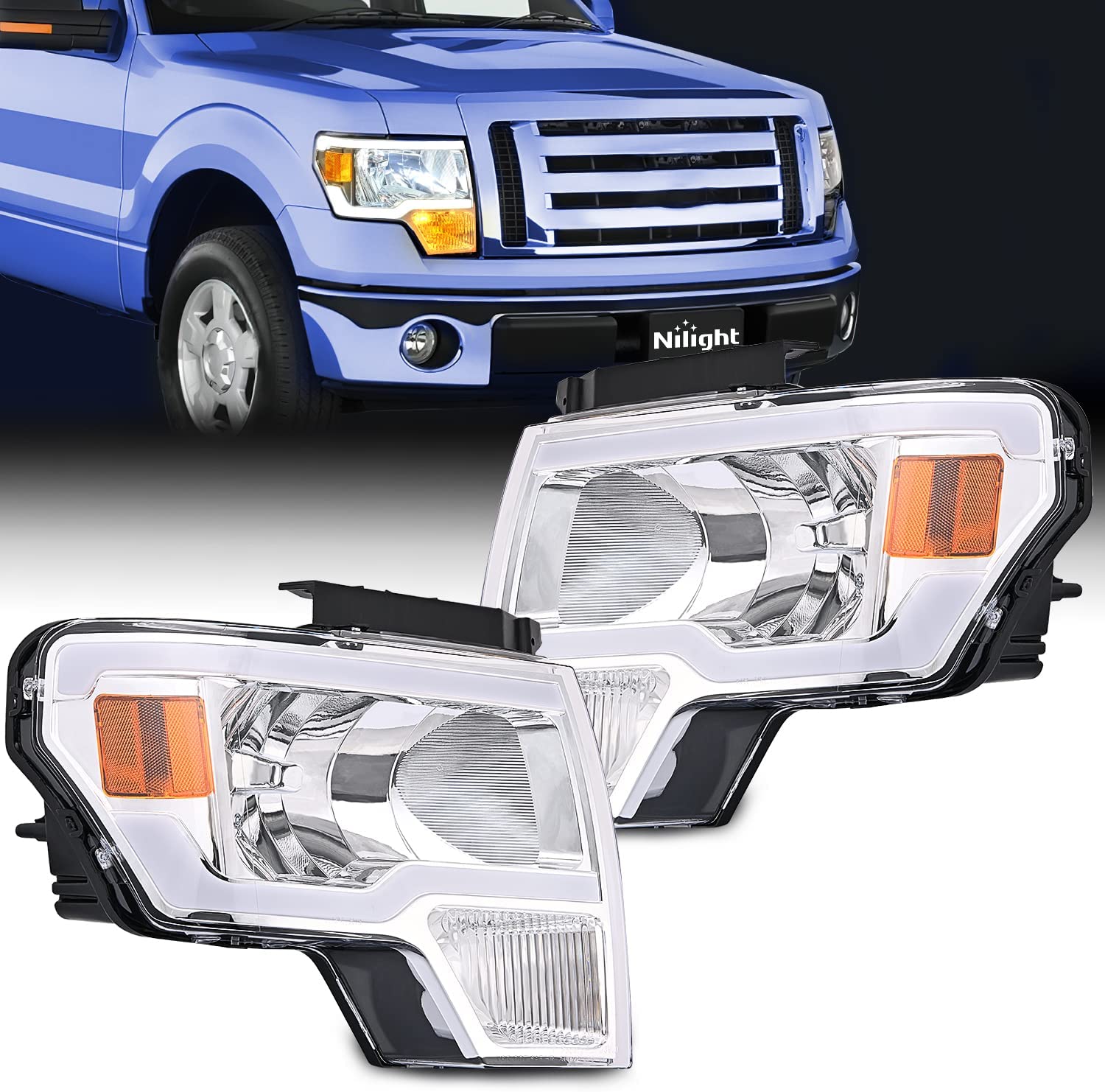 Nilight Headlight Assembly Chrome Case Clear Reflector | 2009-2014 Ford F150 (Pair)