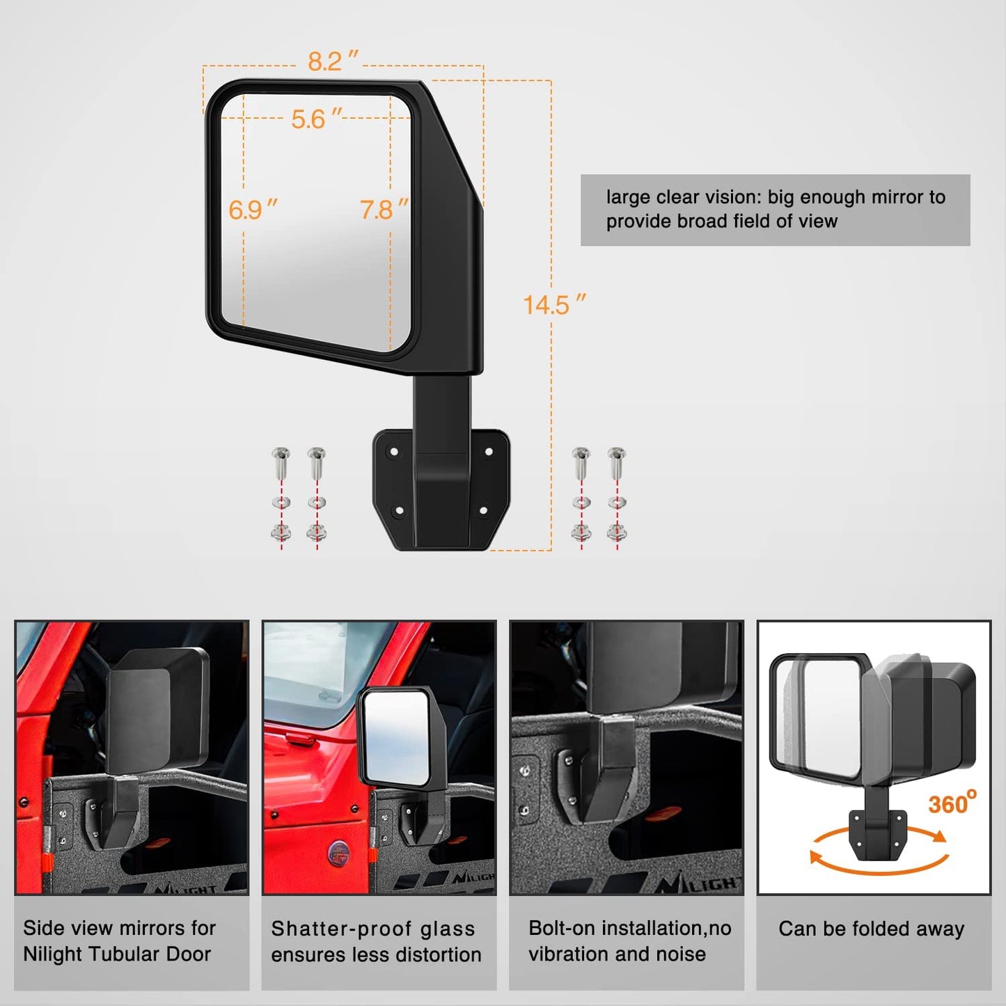 Mirror Specifications and features of Nilight Front Tubular Doors with Side View Mirrors | 2018-2023 Jeep Wrangler JL | 2020-2023 Gladiator JT 2 Door
